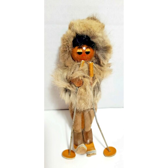 Vintage Polish Skier Doll Real Fur Hood Hand Painted Face Leather Suede - Picture 1 of 16